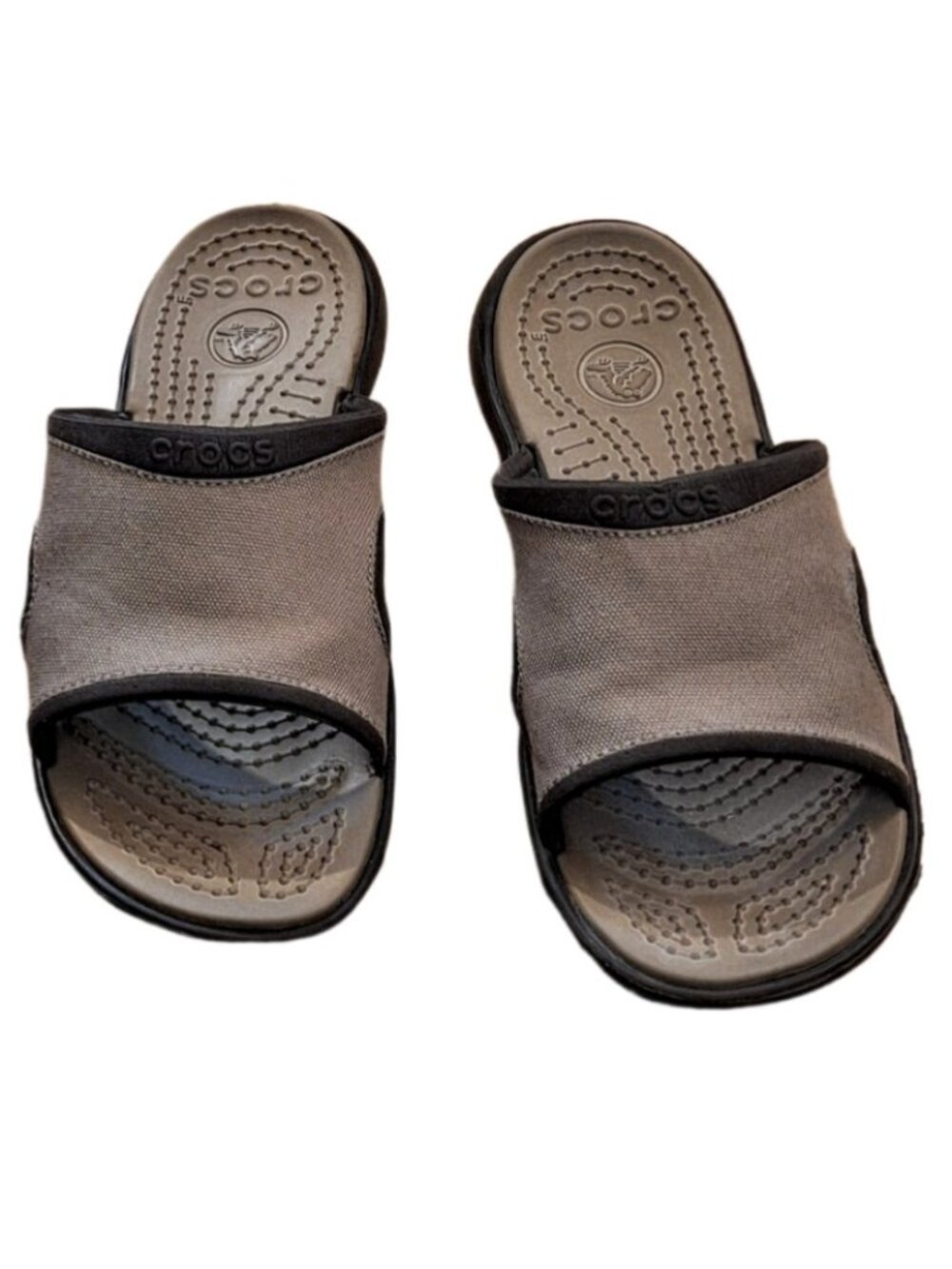 Crocs Canvas Slides Men 8 Women 9-9.5 Brown Slip On Sandals